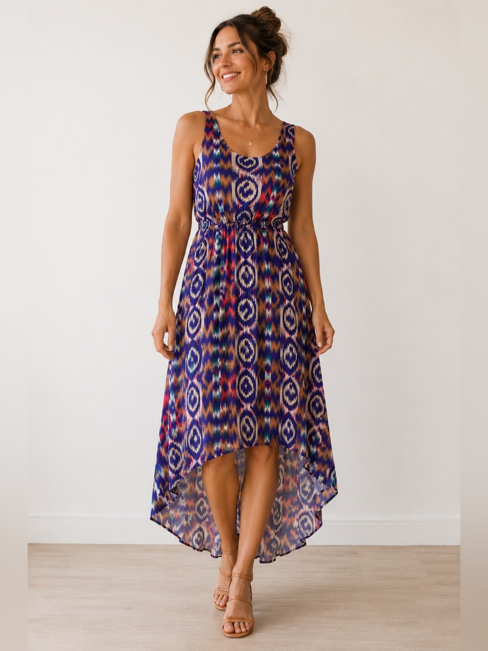 Felicity & Coco Abstract Ikat Midi Hi Low Dress Sleeveless Elastic Waist Large